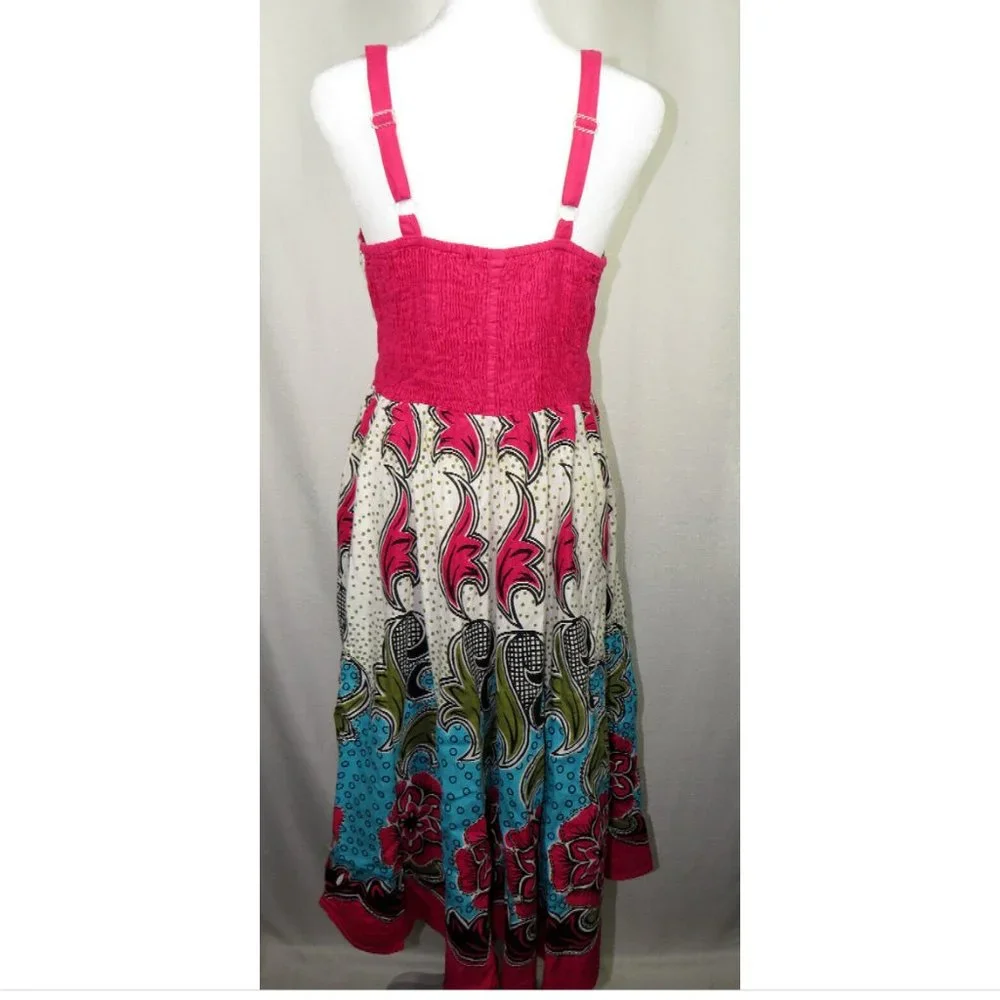 Indian Tropical Fashion Women's Size M/L Multi Color Floral V Neck Smocked Dress
